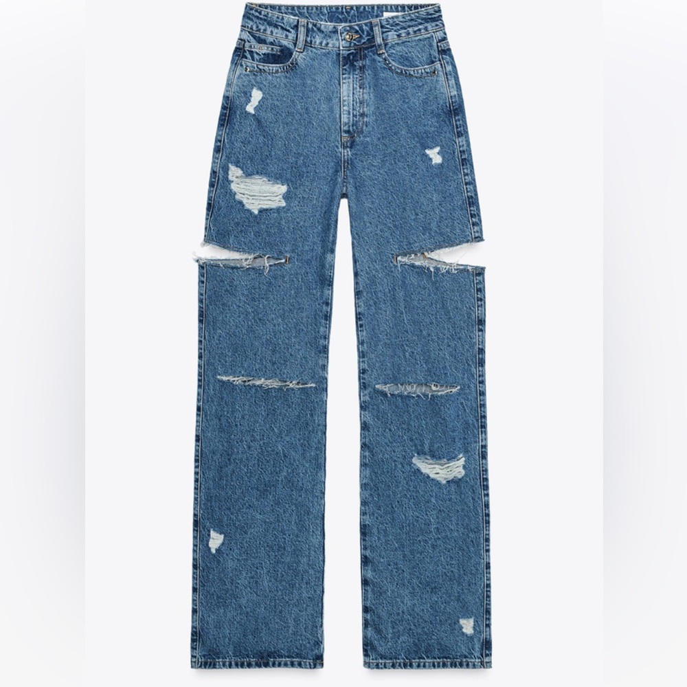 ZARA Z1975 MID WAIST RIPPED CUT OUT STRAIGHT LEG JEANS